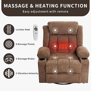 360 Swivel Rocker Recliner Chair Heated Massage USB Charging Cup Holders Pockets