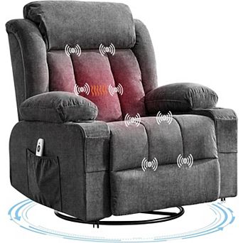 360 Swivel Rocker Recliner Chair Heated Massage USB Charging Cup Holders Pockets