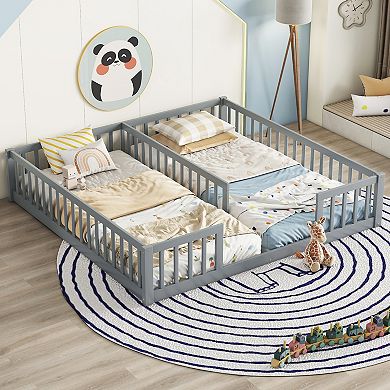 Pnronnc Twin Size Floor Bed Double Floor Bed with Fence, Guardrails, without Door