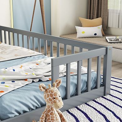 Pnronnc Twin Size Floor Bed Double Floor Bed with Fence, Guardrails, without Door