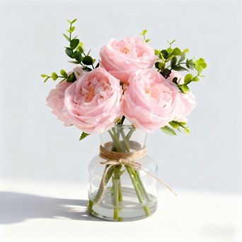 Artificial Roses in Glass Vase, 13x10 Inch Fake Flowers with Real Touch Feel & Artificial