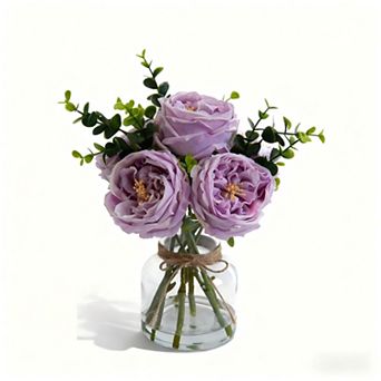 Artificial Roses in Glass Vase, 13x10 Inch Fake Flowers with Real Touch Feel & Artificial