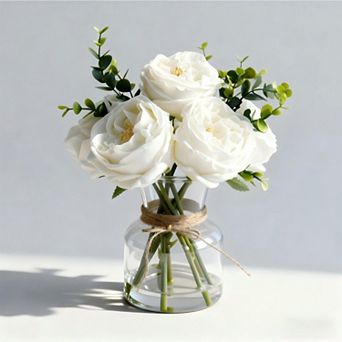 Artificial Roses in Glass Vase, 13x10 Inch Fake Flowers with Real Touch Feel & Artificial