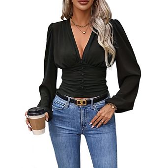 Womens V Neck Long Sleeves Blouse Causal Work Office Ruch Waist Shirt