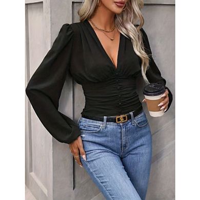 Womens V Neck Long Sleeves Blouse Causal Work Office Ruch Waist Shirt