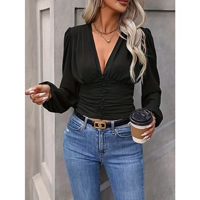 Womens V Neck Long Sleeves Blouse Causal Work Office Ruch Waist Shirt