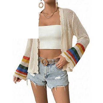 Women Casual Knit Cardigan Color Block Long Sleeve Hollow Out Sweater