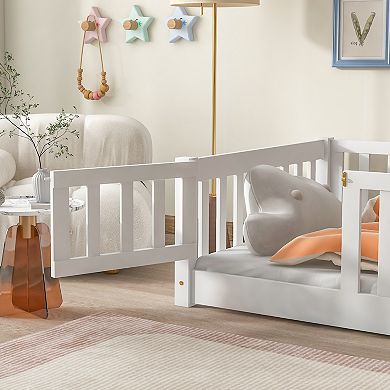 Pnronnc Montessori Bed Twin Size Floor Bed with Fence and Door