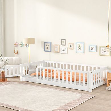 Pnronnc Montessori Bed Twin Size Floor Bed with Fence and Door