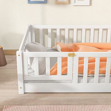 Pnronnc Montessori Bed Twin Size Floor Bed with Fence and Door