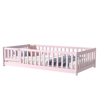 Pnronnc Montessori Bed Twin Size Floor Bed with Fence and Door