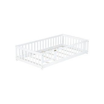Pnronnc Montessori Bed Twin Size Floor Bed with Fence and Door