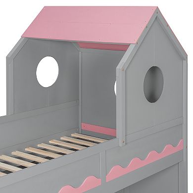 Pnronnc Twin Over Twin Size Bunk Bed Wooden Storage Bed with House Headboard, Drawer,Staircase, LED