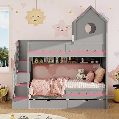 Pnronnc Twin Over Twin Size Bunk Bed Wooden Storage Bed with House Headboard, Drawer,Staircase, LED