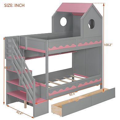Pnronnc Twin Over Twin Size Bunk Bed Wooden Storage Bed with House Headboard, Drawer,Staircase, LED
