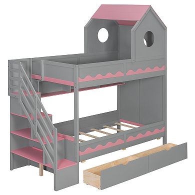 Pnronnc Twin Over Twin Size Bunk Bed Wooden Storage Bed with House Headboard, Drawer,Staircase, LED