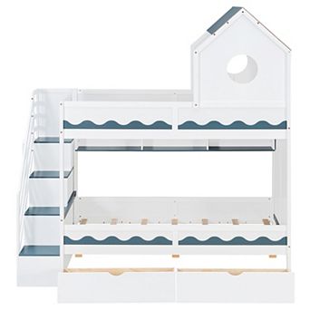 Pnronnc Twin Over Twin Size Bunk Bed Wooden Storage Bed with House Headboard, Drawer,Staircase, LED