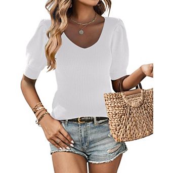 Zeagoo Women's Short Sleeve V Neck Knit Puff Sweaters Dressy Casual Spring Summer Blouses