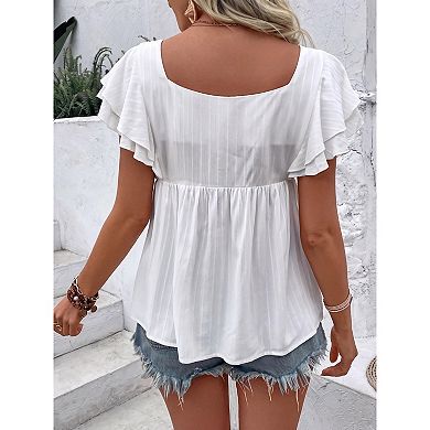 Women Square Neck Top Layered Ruffle Sleeve Casual Shirt
