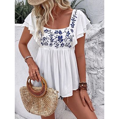 Women Square Neck Top Layered Ruffle Sleeve Casual Shirt