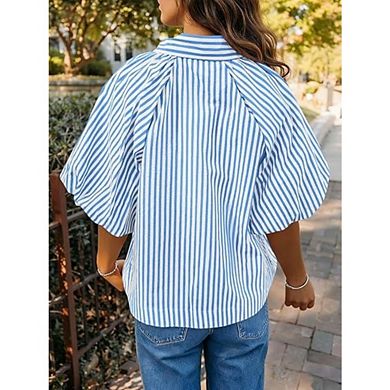 Women's Half Sleeve Button Down Shirt Puff Sleeve Polo V Neck Casual Blouse