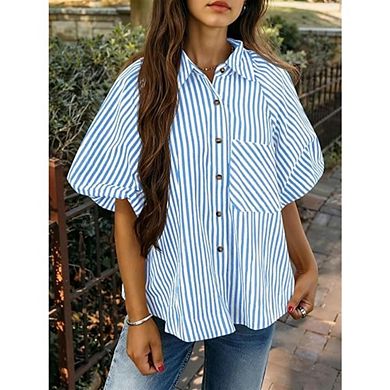 Women's Half Sleeve Button Down Shirt Puff Sleeve Polo V Neck Casual Blouse