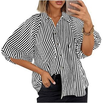 Women's Half Sleeve Button Down Shirt Puff Sleeve Polo V Neck Casual Blouse