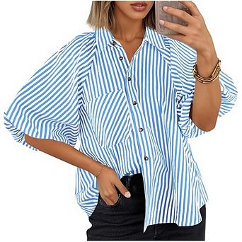 Women's Half Sleeve Button Down Shirt Puff Sleeve Polo V Neck Casual Blouse