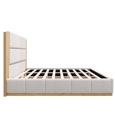 Pnronnc Modern Upholstered Bed Lowprofile Frame Platform Bed with Extended Wood Headboard, Wood Base