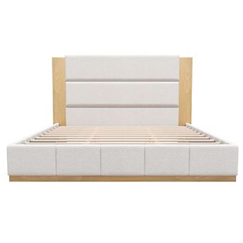 Pnronnc Modern Upholstered Bed Lowprofile Frame Platform Bed with Extended Wood Headboard, Wood Base