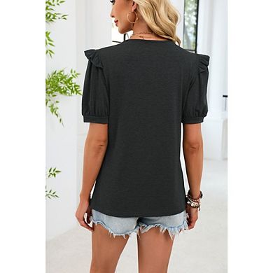 Womens Crew Neck Puff Short Sleeve T-Shirt Casual Ruffled Shoulder Soft Cute Top