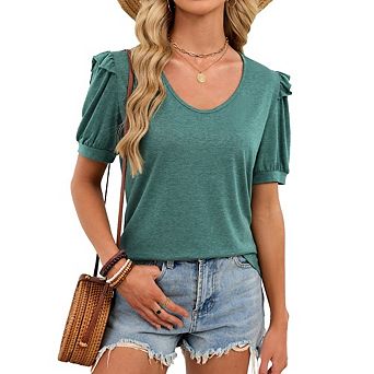 Womens Crew Neck Puff Short Sleeve T-Shirt Casual Ruffled Shoulder Soft Cute Top