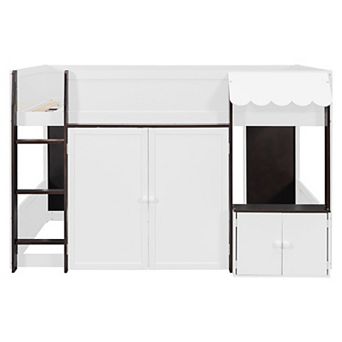 Pnronnc Playhouse Design Loft House Bed Full Size Wood Cabin Bed with Storage Cabinet for Kids/Teens