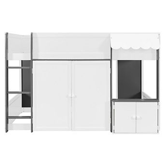 Pnronnc Playhouse Design Loft House Bed Full Size Wood Cabin Bed with Storage Cabinet for Kids/Teens
