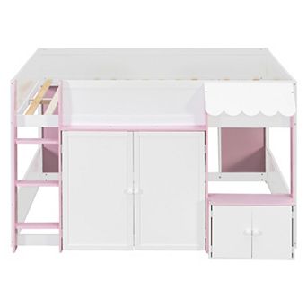 Pnronnc Playhouse Design Loft House Bed Full Size Wood Cabin Bed with Storage Cabinet for Kids/Teens