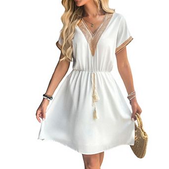 Womens Short Sleeve Dress V Neck Lace Trim Tassel Tie Waist A Line Dress Casual Beach Vacation Dress