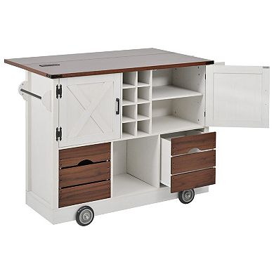 Pnronnc Rolling Kitchen Island Cart with Wine Cabinet, 2 Drawers, Drop Leaf and Power Outlet