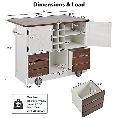 Pnronnc Rolling Kitchen Island Cart with Wine Cabinet, 2 Drawers, Drop Leaf and Power Outlet