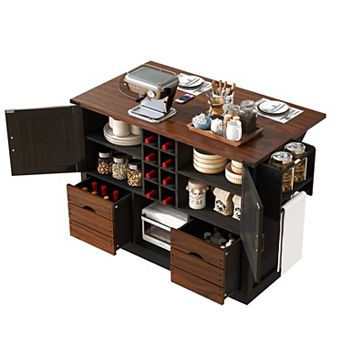 Pnronnc Rolling Kitchen Island Cart with Wine Cabinet, 2 Drawers, Drop Leaf and Power Outlet