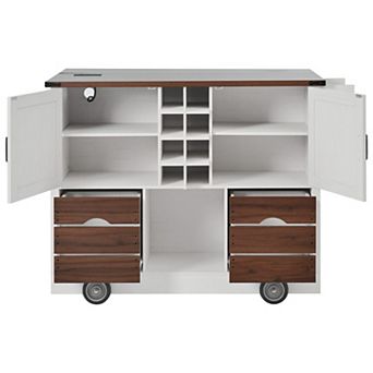 Pnronnc Rolling Kitchen Island Cart with Wine Cabinet, 2 Drawers, Drop Leaf and Power Outlet