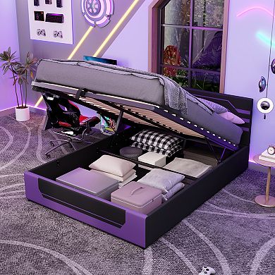 Pnronnc Queen Cyberpunk Aesthetics Esports Design Gaming Bed Hydraulic Storage Platform Bed Frame