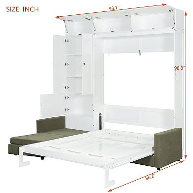 Pnronnc 2-in-1 Murphy Bed and L-shape Sofa with Storage Bookcase