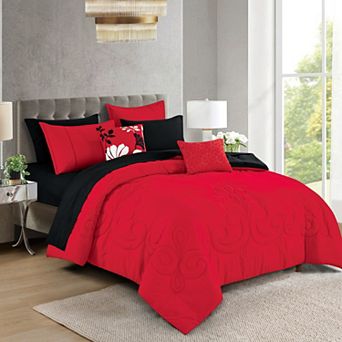 Floral Red and Black Comforter Set with Sheets