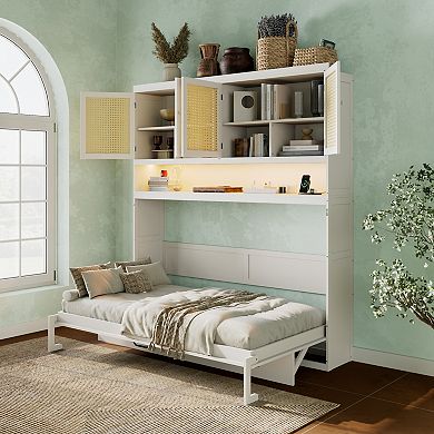 Pnronnc Twin Size Murphy Bed Seamless Space-Saving Foldable Bed Built-in Tech Hub, USB and Lighting