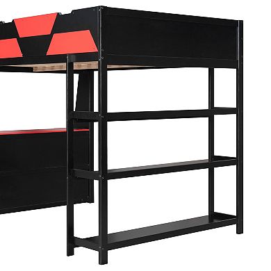 Pnronnc Gaming Loft Bed Full Size Platform Bed with 3-Tier Underbed Open Storage, Desk, Shelves, LED