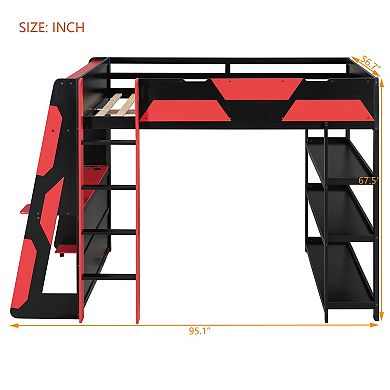 Pnronnc Gaming Loft Bed Full Size Platform Bed with 3-Tier Underbed Open Storage, Desk, Shelves, LED