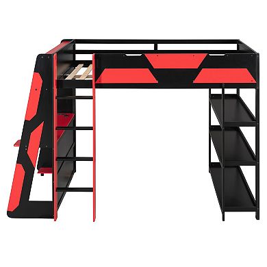 Pnronnc Gaming Loft Bed Full Size Platform Bed with 3-Tier Underbed Open Storage, Desk, Shelves, LED