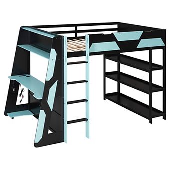 Pnronnc Gaming Loft Bed Full Size Platform Bed with 3 tier Underbed Open Storage, Desk, Shelves, LED