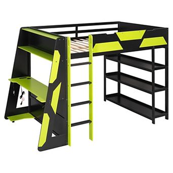 Pnronnc Gaming Loft Bed Full Size Platform Bed with 3 tier Underbed Open Storage, Desk, Shelves, LED