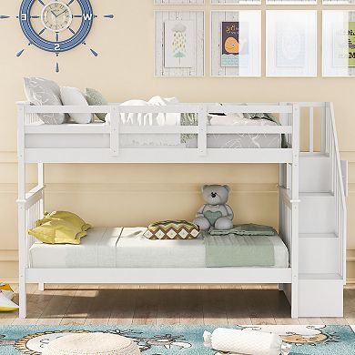 Pnronnc Twin over Twin Bunk Bed with Storage Stairway and Guard Rail